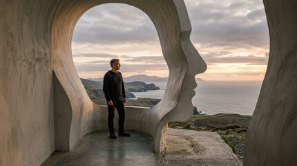 Fototapeta premium A man standing inside the silhouette of his own head, looking toward a distant horizon, smooth sculptural walls, soft atmospheric light, introspective mood of self-awareness and inner reflection,