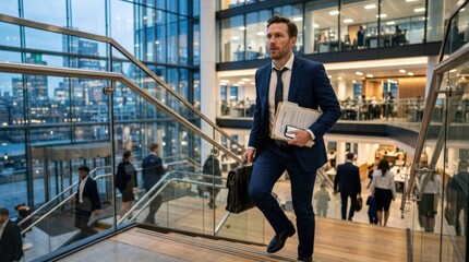 Obraz premium Rush lifestyle, man, businessman, male, entrepreneur, executive, corporate, ambitious, staircase, photorealistic corporate scene, clean modern lighting, realistic skin and paper textures, polished