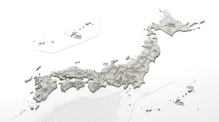 Obraz premium A map of Japan divided by prefecture, shown as a clean photorealistic geographic object with subtle relief and balanced composition, isolated on white, ultra-detailed, 8K,no logos
