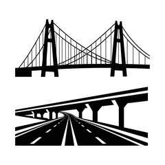 Fototapeta premium Suspension bridge and elevated highway perspective, urban infrastructure, transportation, engineering, city skyline