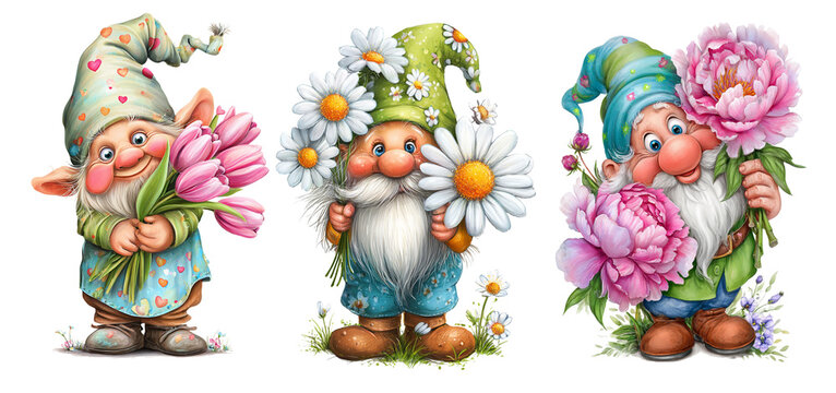 Cute garden gnomes with flowers, illustration set isolated, ai generated image