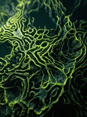Obraz premium Dark void with large 3D procedural reaction-diffusion Turing-pattern surface frozen mid-evolution, petrol green base with neon yellow-green ridge highlights.