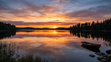 Fototapeta premium A vibrant sunset over tranquil water, glowing horizon, smooth reflections, peaceful stylized nature atmosphere, ultra-realistic, no logos.