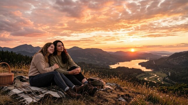 Girl friends watching the sunset in nature, peaceful sky, glowing sun and clouds, reflective companionship atmosphere, ultra-realistic, no logos.