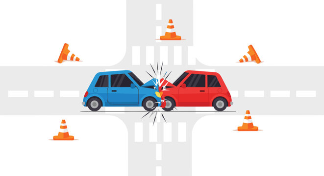 Car crash at a road intersection featuring two vehicles colliding and surrounded by orange traffic cones in a clean vector graphic illustration style.