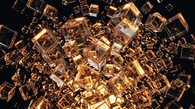 Full frame chaotic 3D explosion of glass cubes frozen mid-scatter, three different sizes tumbling at all angles, warm neon amber upward rim light, sharp specular highlights, internal refraction.