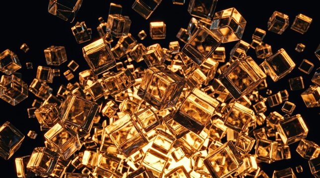 Full frame chaotic 3D explosion of glass cubes frozen mid-scatter, three different sizes tumbling at all angles, warm neon amber upward rim light, sharp specular highlights, internal refraction.