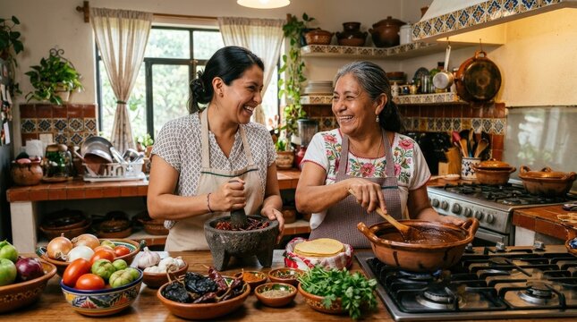 A Hispanic grandmother and daughter cooking together in a home kitchen in Mexico, fresh ingredients on the counter, warm domestic light, affectionate family interaction, authentic homely atmosphere,