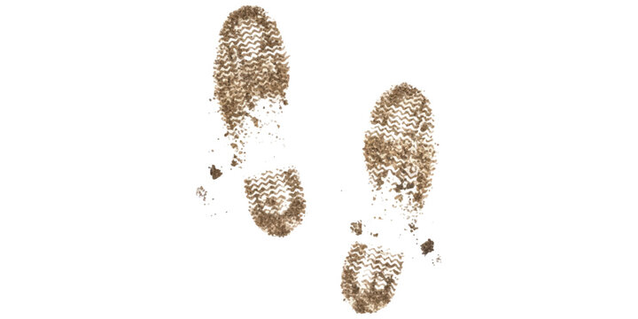 Dirty brown boot footprints with tread patterns isolated on a plain white background
