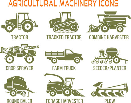 Agricultural machinery icons set collection of green farm vehicle equipment icons on grid.