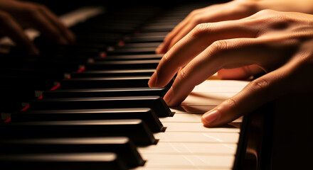 Fototapeta premium Close-up of Pianist Fingers Playing Grand Piano with Warm Dramatic Lighting