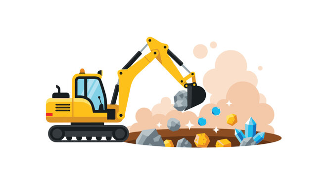 A vibrant yellow mechanical excavator meticulously digs into a deep dark brown pit to extract sparkling blue and gold crystalline mineral deposits today.