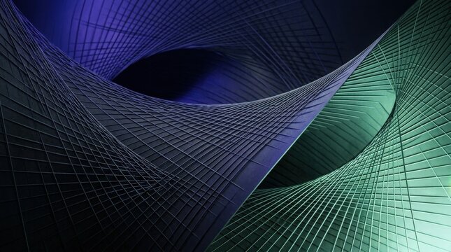 Full frame 3D hyperbolic paraboloid saddle surface at diagonal angle, deep electric indigo and cold neon mint split-tone opposing corner lighting.