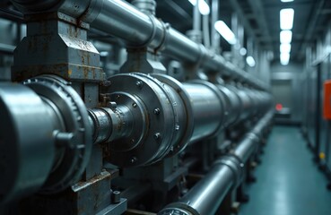 Obraz na płótnie Canvas Industrial facility with complex piping system. Metal pipes and machinery operate in a linear sequence. This equipment appears related to chemical processing or power generation.