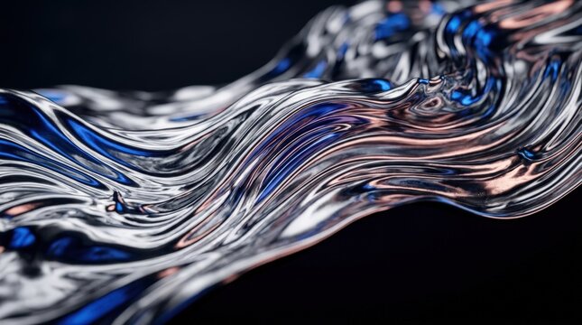Photorealistic 3D liquid chrome surface mid-flow, silver metallic waves frozen in motion, anisotropic cobalt blue and rose gold reflections, shallow macro depth of field.