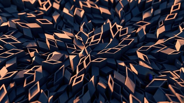 Full frame vast 3D Penrose tiling extruded into relief geometry filling frame, irregular non-repeating rhombus forms at varying heights, warm neon peach raking light.