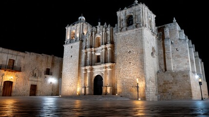 Obraz premium Scene shows historic architecture with lights highlighting buildings and pathways under dark sky at night in vibrant cultural setting