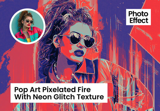 Pop Art Pixelated Fire With Neon Glitch Texture Photo Effect