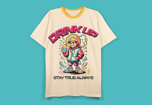 Streetwear Cartoon Boy Drink Up T Shirt Graphic Illustration Design