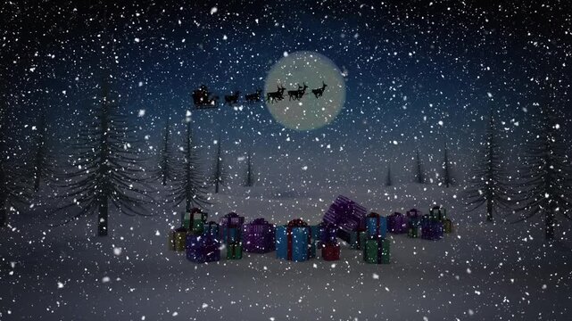 Animation of santa claus in sleigh with reindeer over winter scenery with snow falling