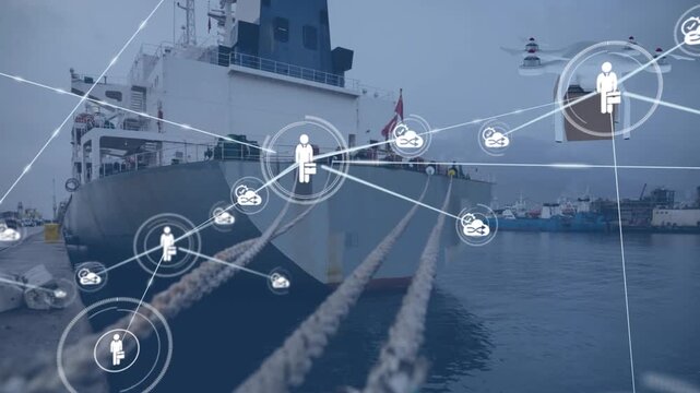 Network of digital icons and drone carrying a delivery box against a ship in the sea