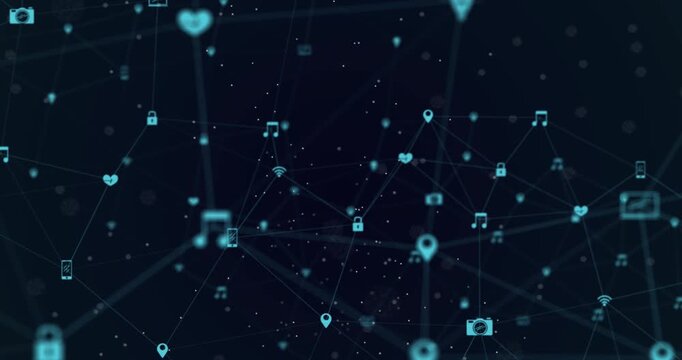 Animation of network of connections with icons over dark blue background