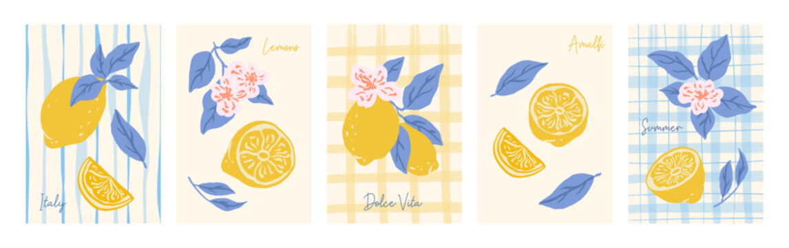 Lemons fruits italian posters. Vector contemporary print with hand drawn lemon, leaves and flowers. Italian summer weekend. Amalfi.Interior painting.