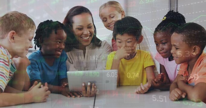 Animation of data processing over diverse schoolchildren and teacher using tablet