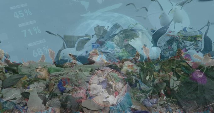 Animation of covid cells over world map and man in face mask