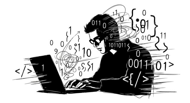 hacker working on laptop with binary code