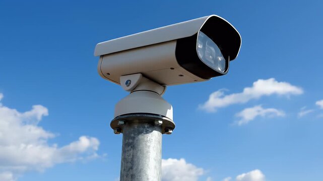 A modern security camera is mounted on a metal pole against a bright blue sky with scattered clouds, symbolizing surveillance and protection.