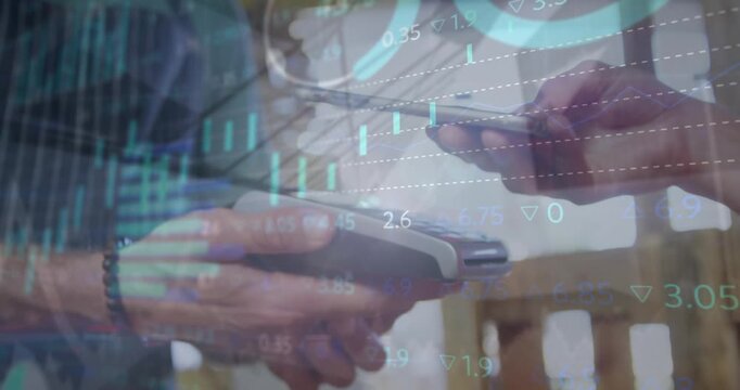 Animation of data processing over man using smartphone