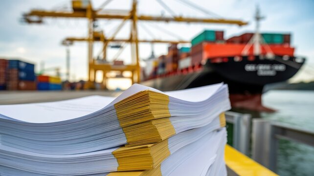 Close up of a stack of legal documents or reports with yellow tabs at a maritime port