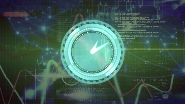 Animation of neon ticking clock and heart rate monitor against data processing on green background
