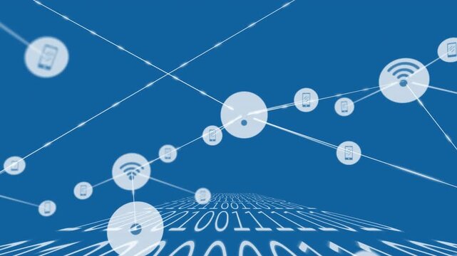 Animation of network of digital icons over binary coding data processing against blue background
