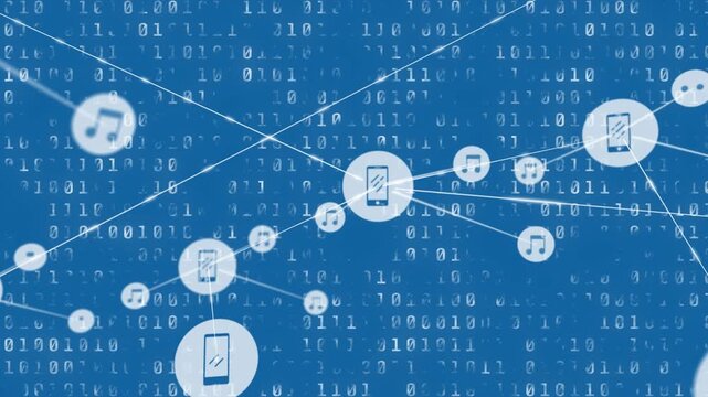 Animation of network of digital icons over binary coding data processing against blue background