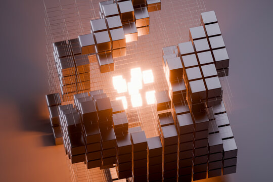 3D cubic data grid with glowing block structure and depth