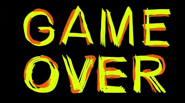 Retro inspired gaming 2D text animation with words "PLAY", "GAME" and "OVER." Features raw sketch or grunge style with bright highlights. Perfect for esports, arcade themed content and interactive vid