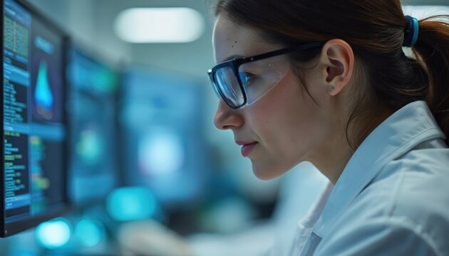 Woman researcher in lab coat wears protective glasses, looks at computer screen with charts. She works on scientific project, analyzes data, conducts experiment in modern laboratory.
