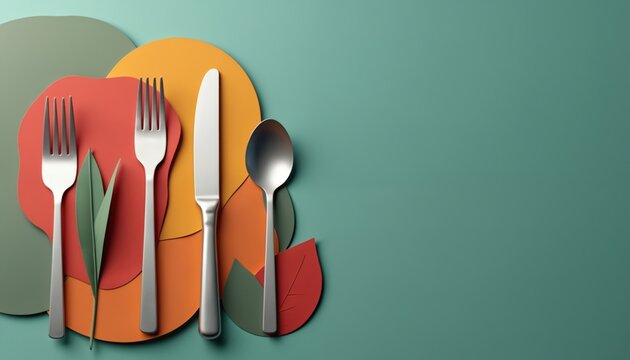 Minimalist flatware set with fork knife and spoon. Abstract autumn leaves shapes background. Clean design for food service, cafe branding, culinary arts, restaurant menu concept.