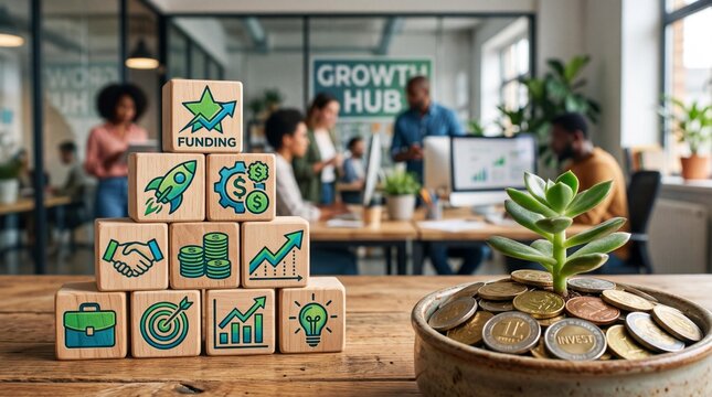 Business funding concept with wooden blocks featuring financial icons and a small succulent plant growing in a bowl of coins on a desk in a modern office workspace
