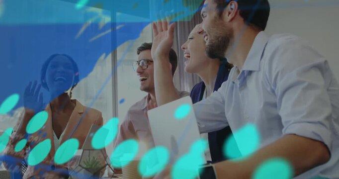 Animation of infographic interface over happy multiracial coworkers giving high-fives in office