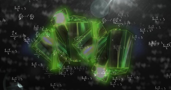 Animation of mathematical equations over snowflakes on black background
