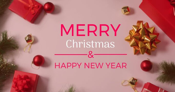 Animation of merry christmas and happy new year text banner over christmas decorations and gifts