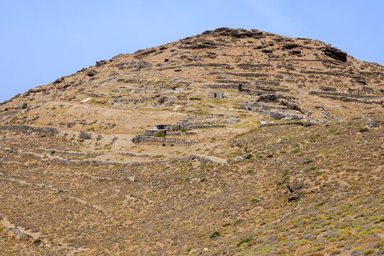 The Ancient site of Minoa, at Moundoulia Hill, above the port of Katapola. Amorgos Island, Cyclades, Greece