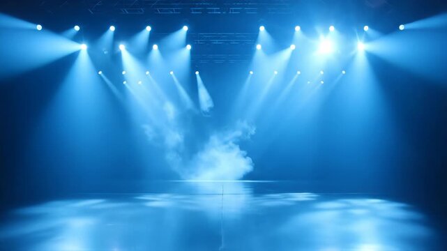 Symmetrical arrangement of bright blue spotlights shining down on an empty dark stage through a cloud of thick fog and haze, creating sharp light beams and floor reflections.