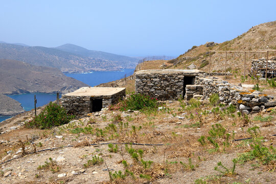 The Ancient site of Minoa, at Moundoulia Hill, above the port of Katapola. Amorgos Island, Cyclades, Greece
