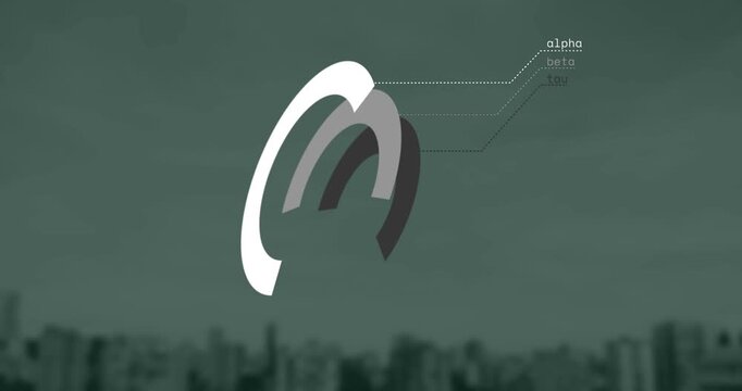 Animation of round scanner and data processing against aerial view of tall buildings