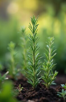 Close up of young rosemary plants growing in dark soil. Green aromatic herb with thin needles thrives in garden bed. Natural organic food ingredient fresh.