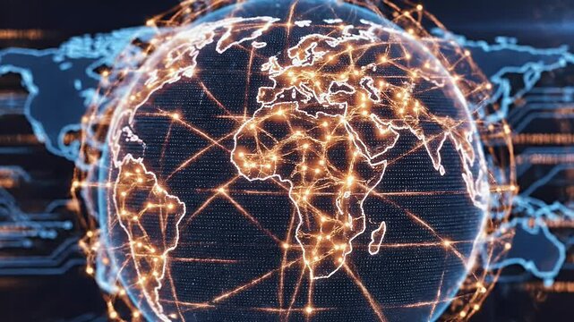 A futuristic digital world map overlaid with glowing circuit patterns and binary code, symbolizing global connectivity and technological advancement.